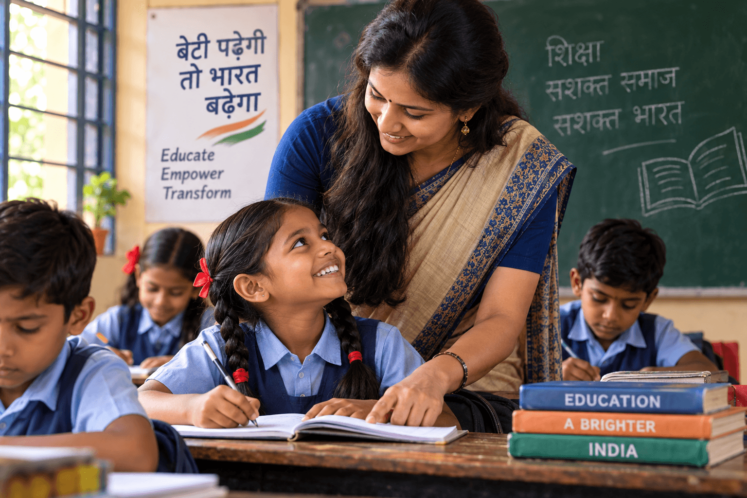 Illustration of a teacher supporting a child in the classroom